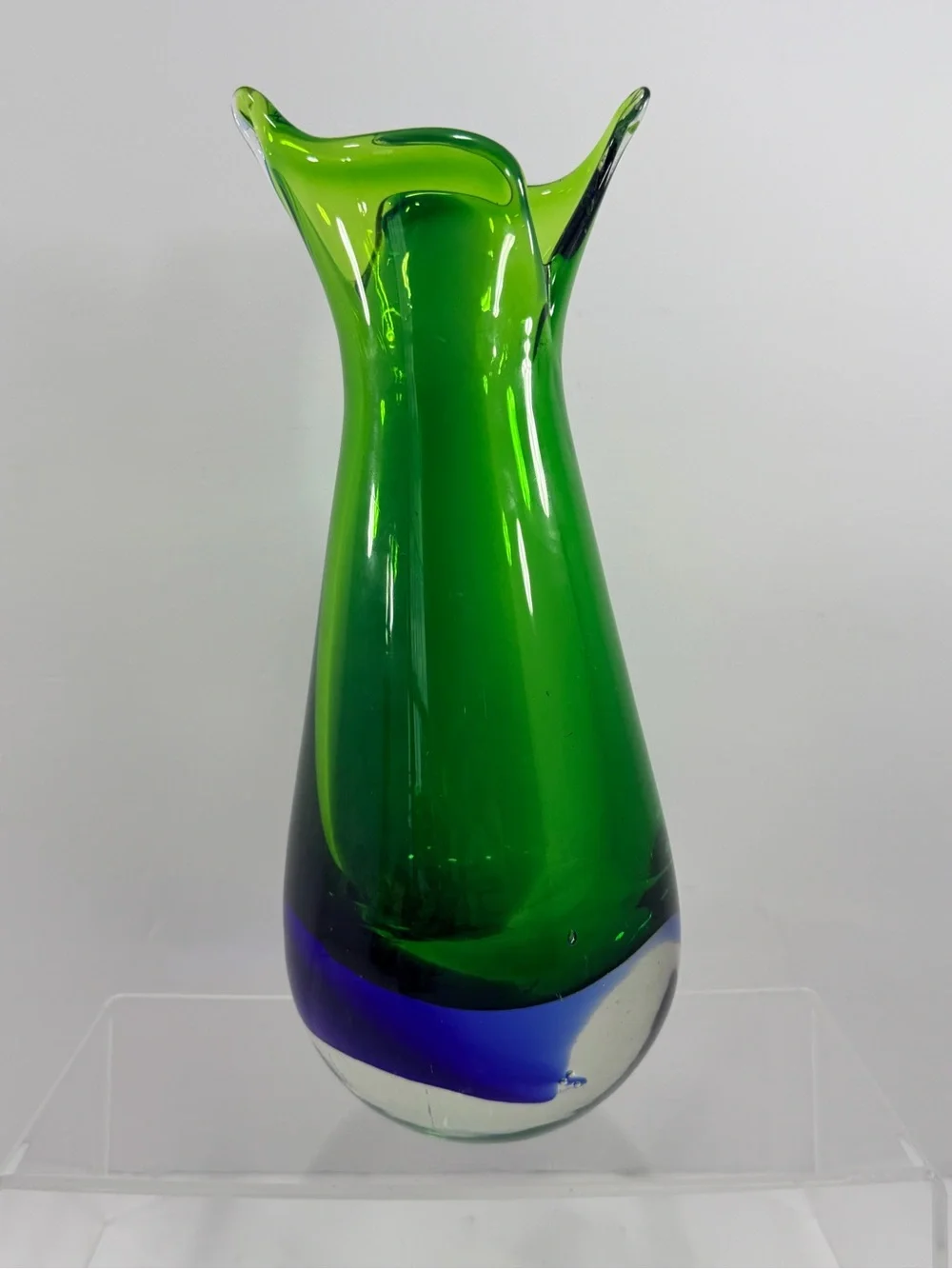 Vtg MCM Murano Style Sommerso Fishtail Vase - Emerald & Cobalt - 9.5